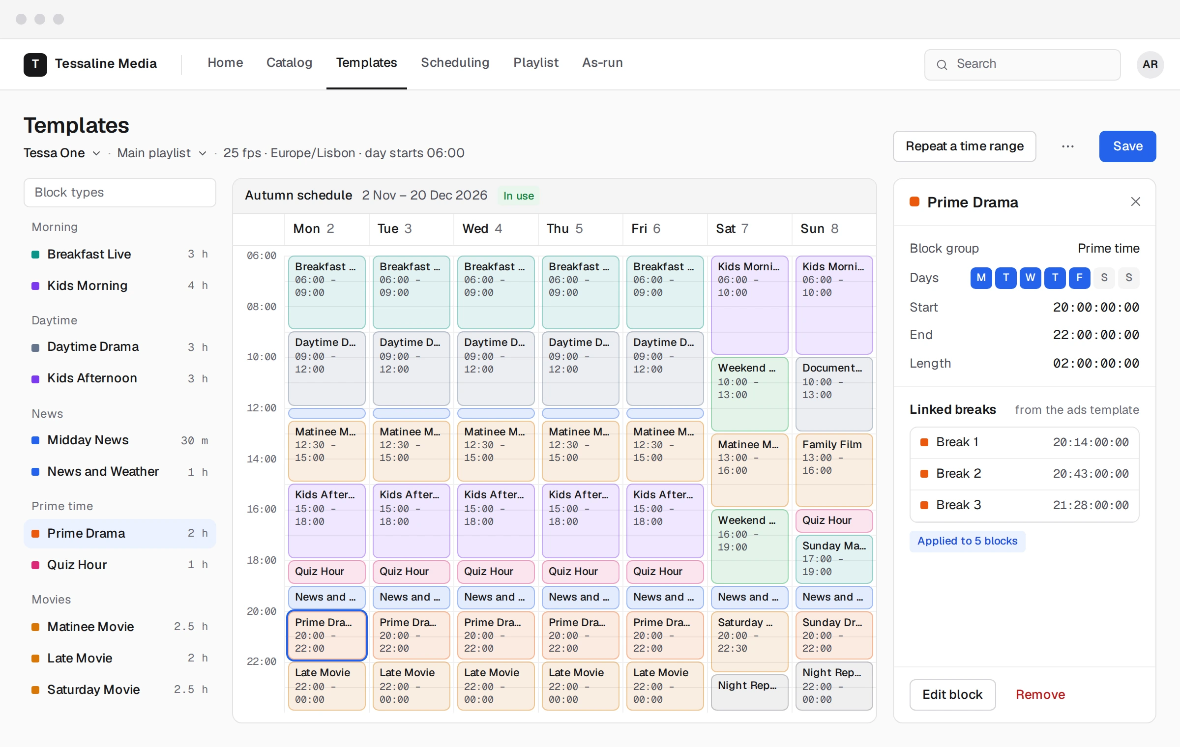 The Templates page: a channel’s week of programme blocks from Monday to Sunday, with one block’s details and linked ad breaks on the right.